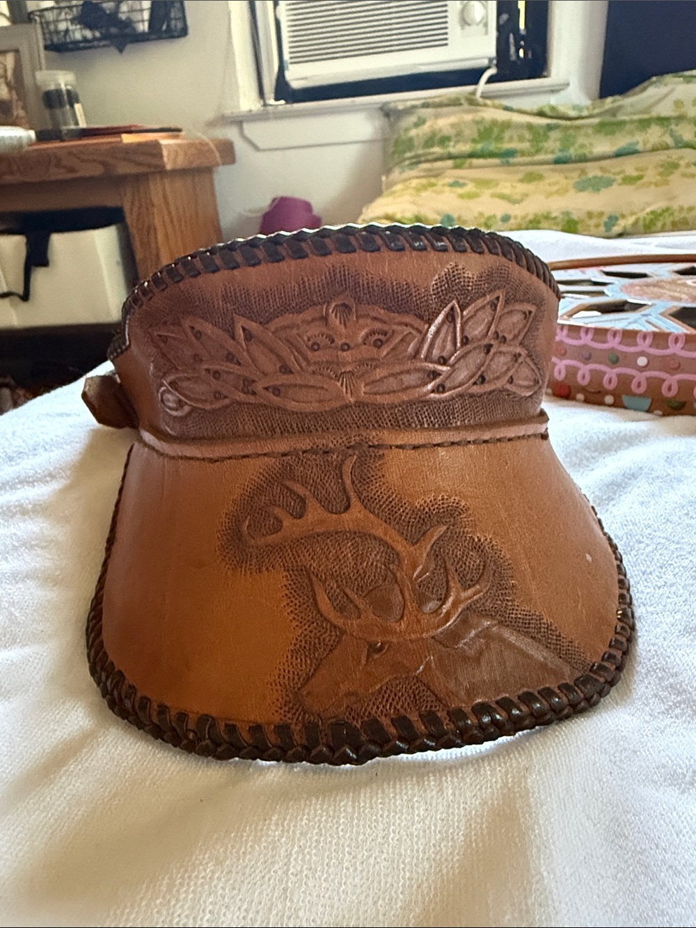 Leather Visor Hat with Embossed Buck Design - Brown